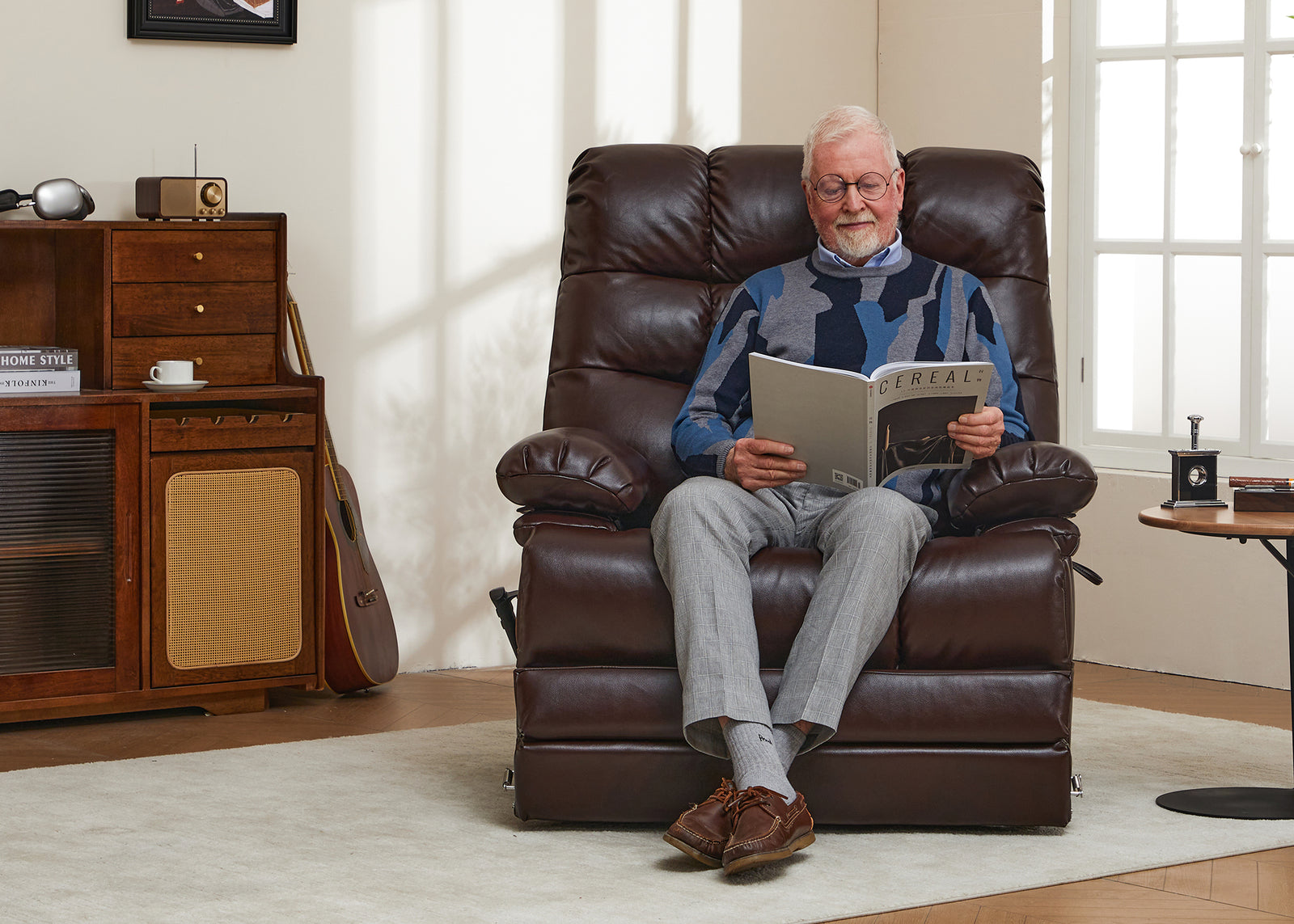 Irene House 9205L in brown leather, front view showing the deep grid-tufted back, thick bolster arms and three-panel seat