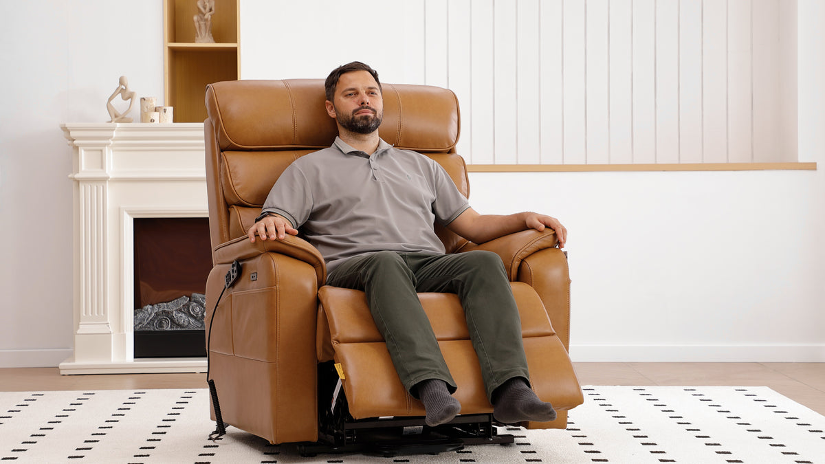 Irene House 9188E Pro in dark gray chenille from four angles — front, side, upright and reclined — showing the 27 inch seat on a 38 inch frame