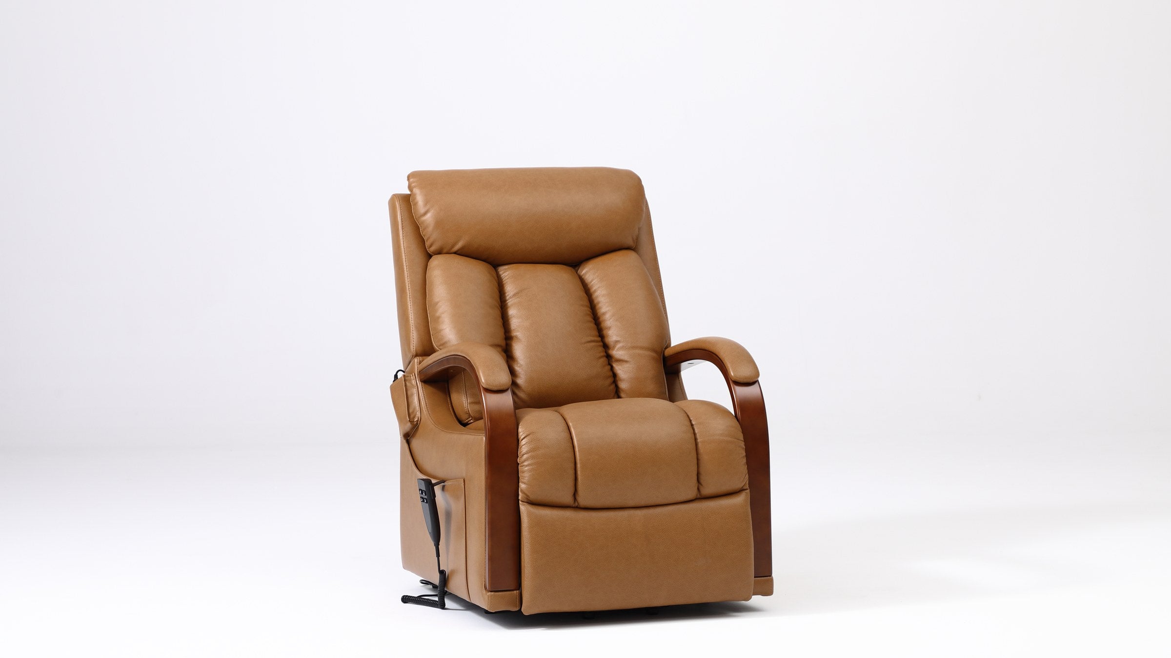 Irene House 9185 petite lift recliner in camel brown top grain leather, shown upright from a three-quarter angle with solid wood armrests