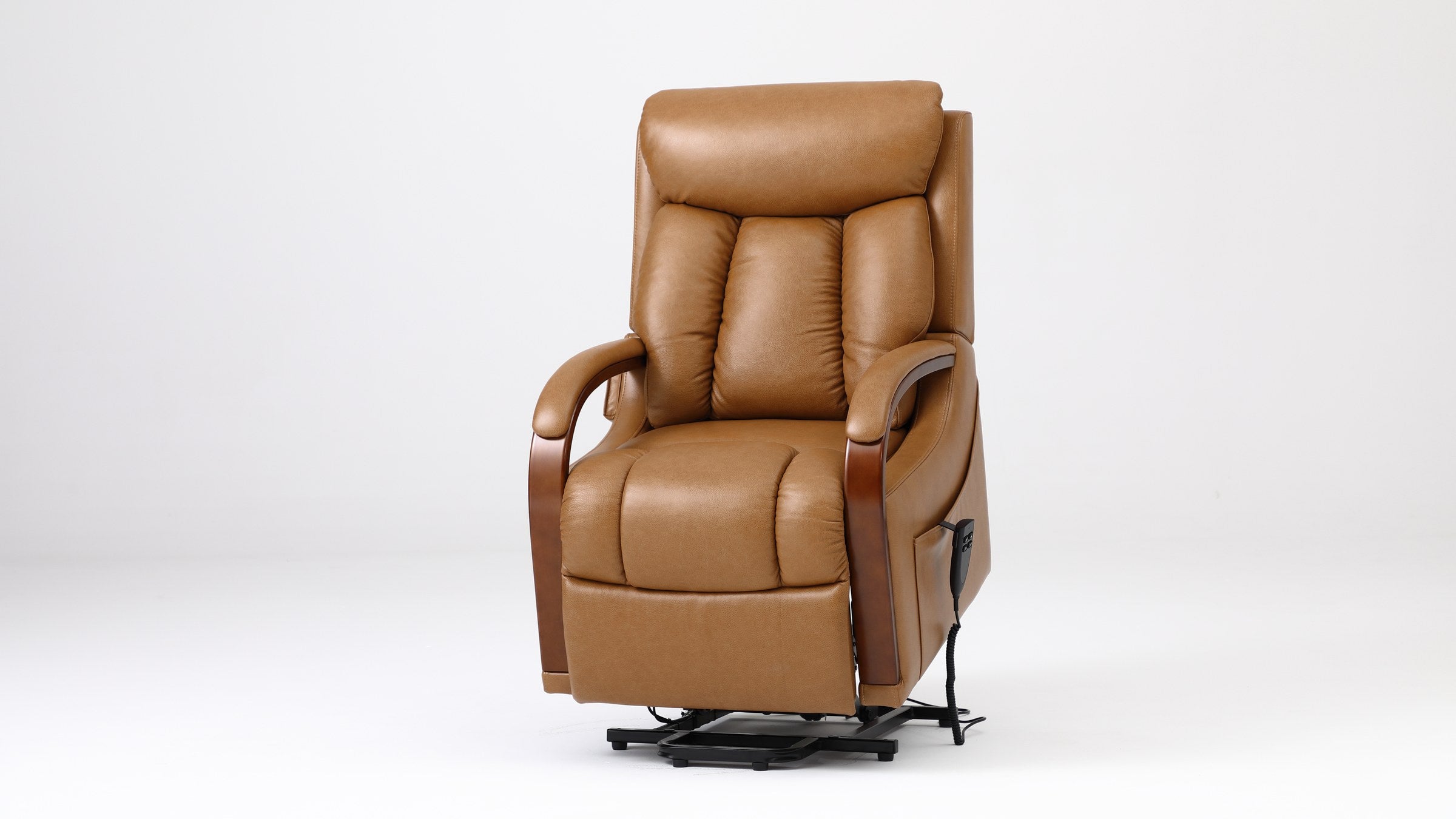 Irene House 9185 camel brown top grain leather power lift recliner tilted forward in the lift position, seat raised toward standing, solid wood arms visible