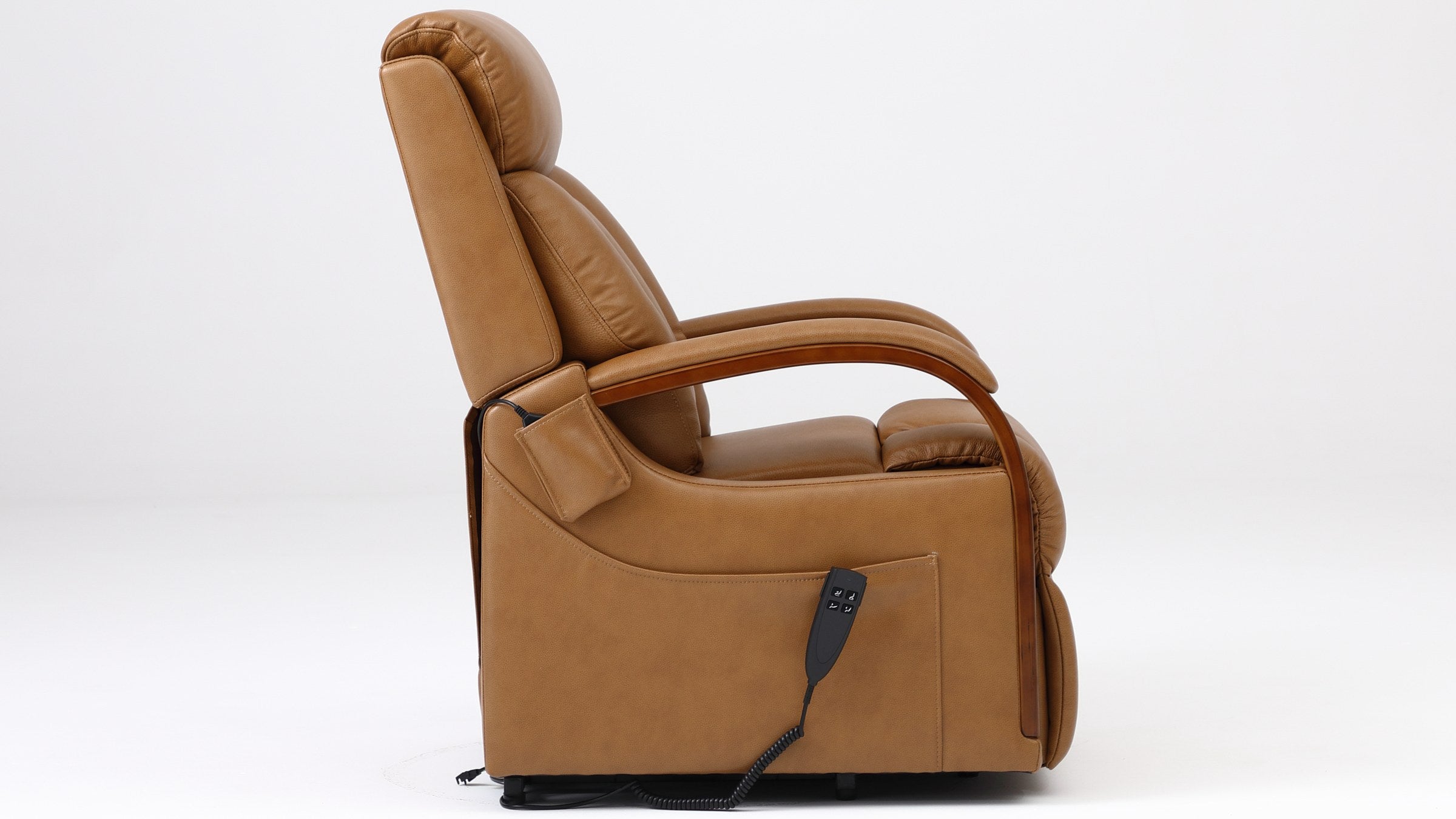 Irene House 9185 camel brown top grain leather lift recliner seen from the side in the upright position with the footrest closed