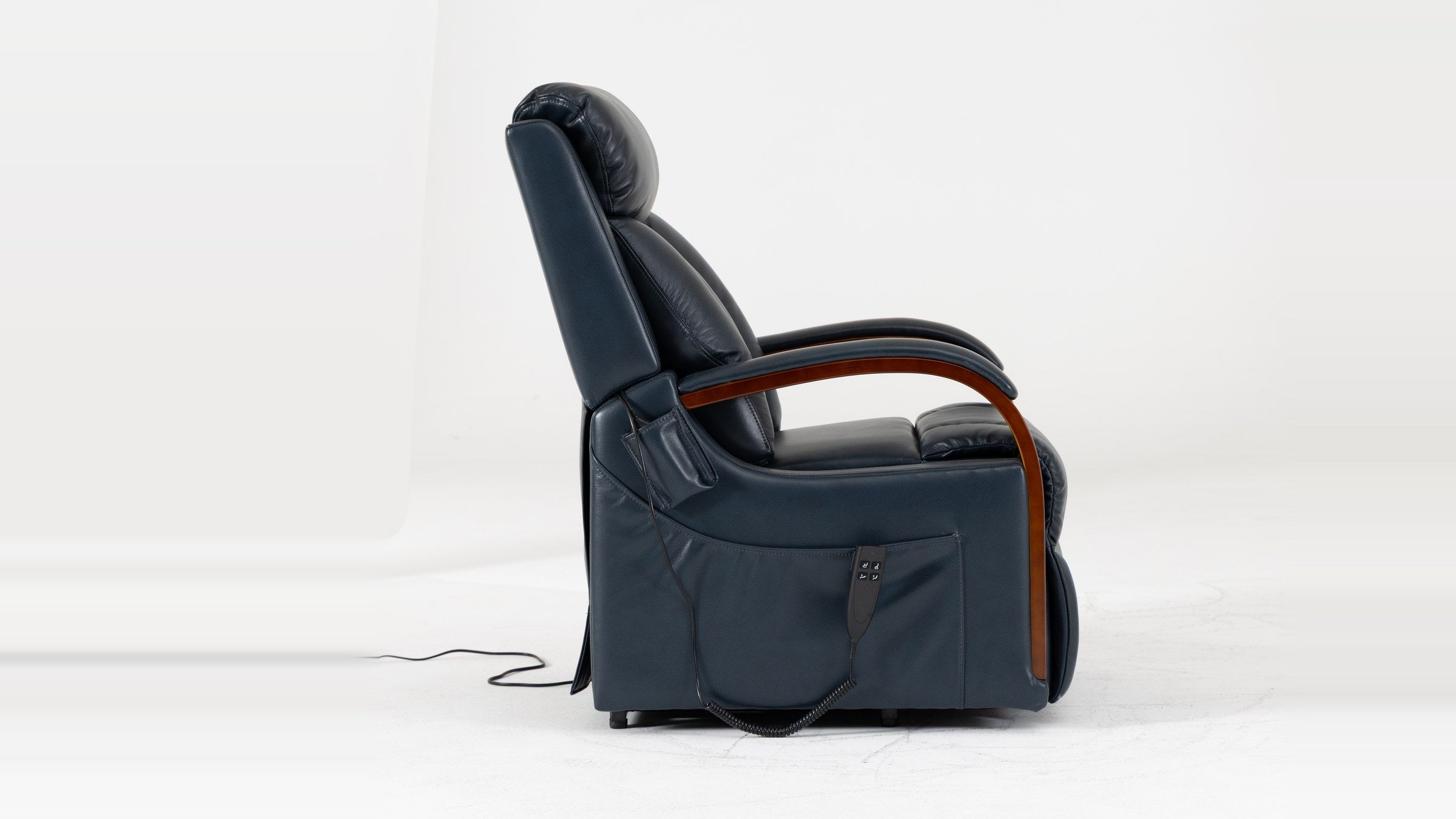 Side view of the Irene House 9185 dark blue leather lift recliner upright, showing the short 20.5 inch seat depth