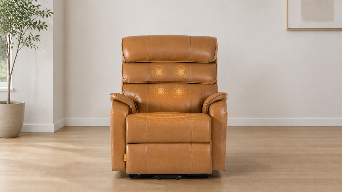 Irene House 9188E Pro four-point vibration massage and dual-zone heating shown on the backrest, lumbar and seat