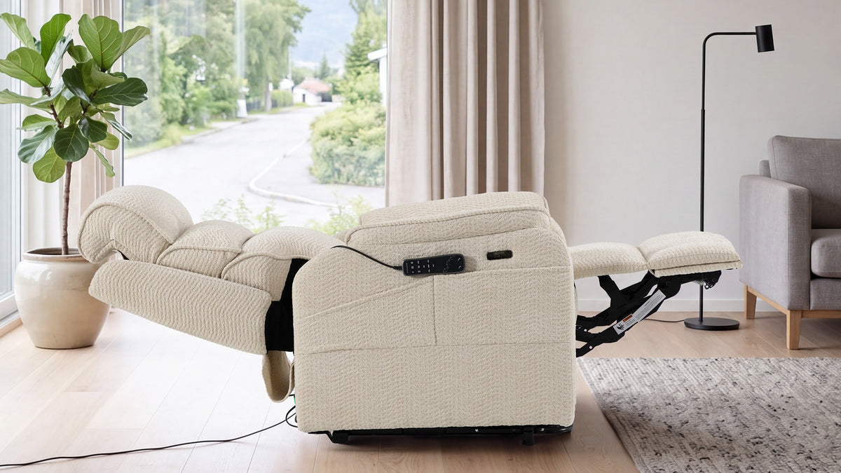 Irene House 9188S Pro in cream white chenille reclined fully flat at 180 degrees, side view in a living room