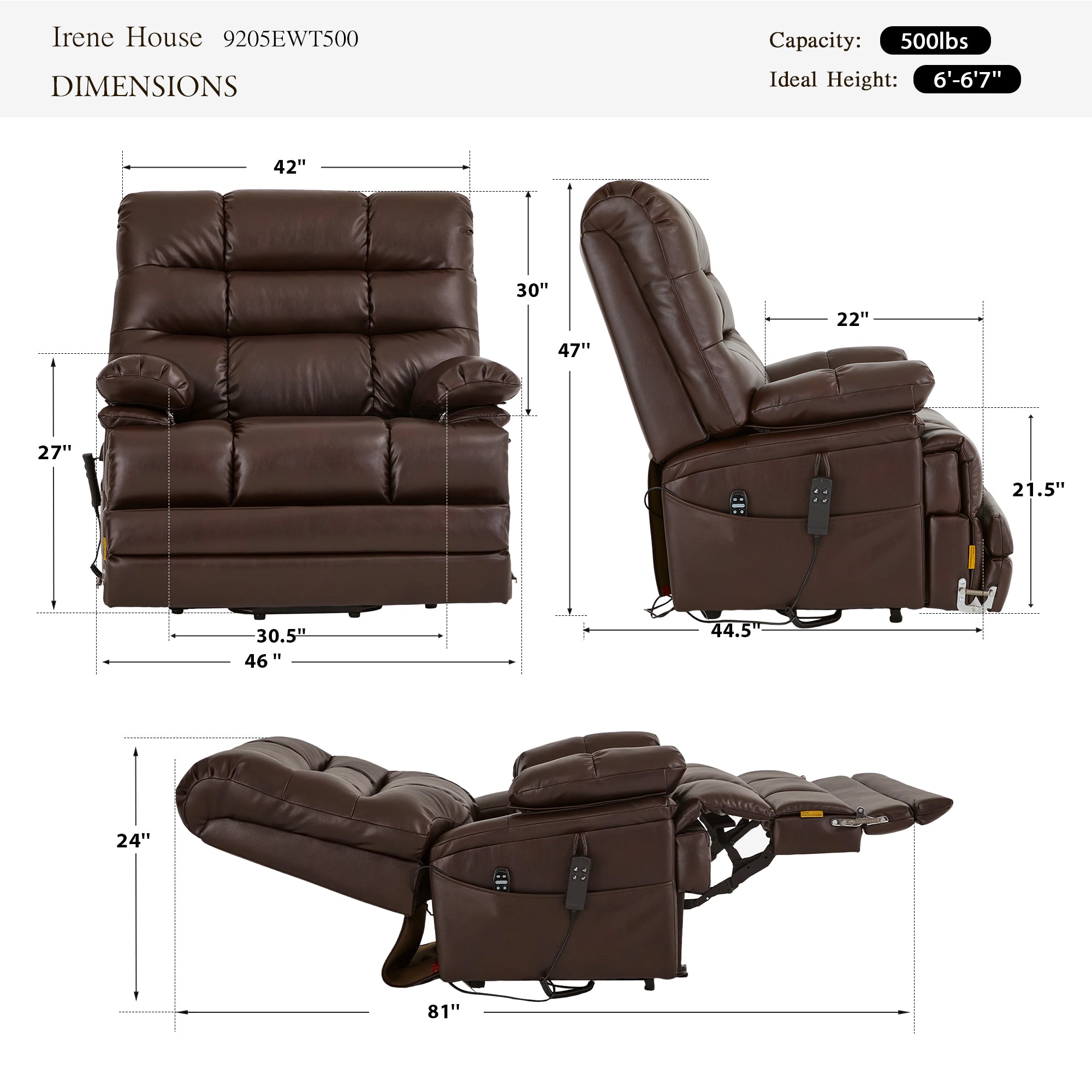 Irene House 9205 EWT500 dimensions — 500 lb, fits 6'–6'7", 46" wide, 30" back height, 21.5" seat height, 22" seat depth, 47" tall, 81" reclined, extra-wide triple-motor