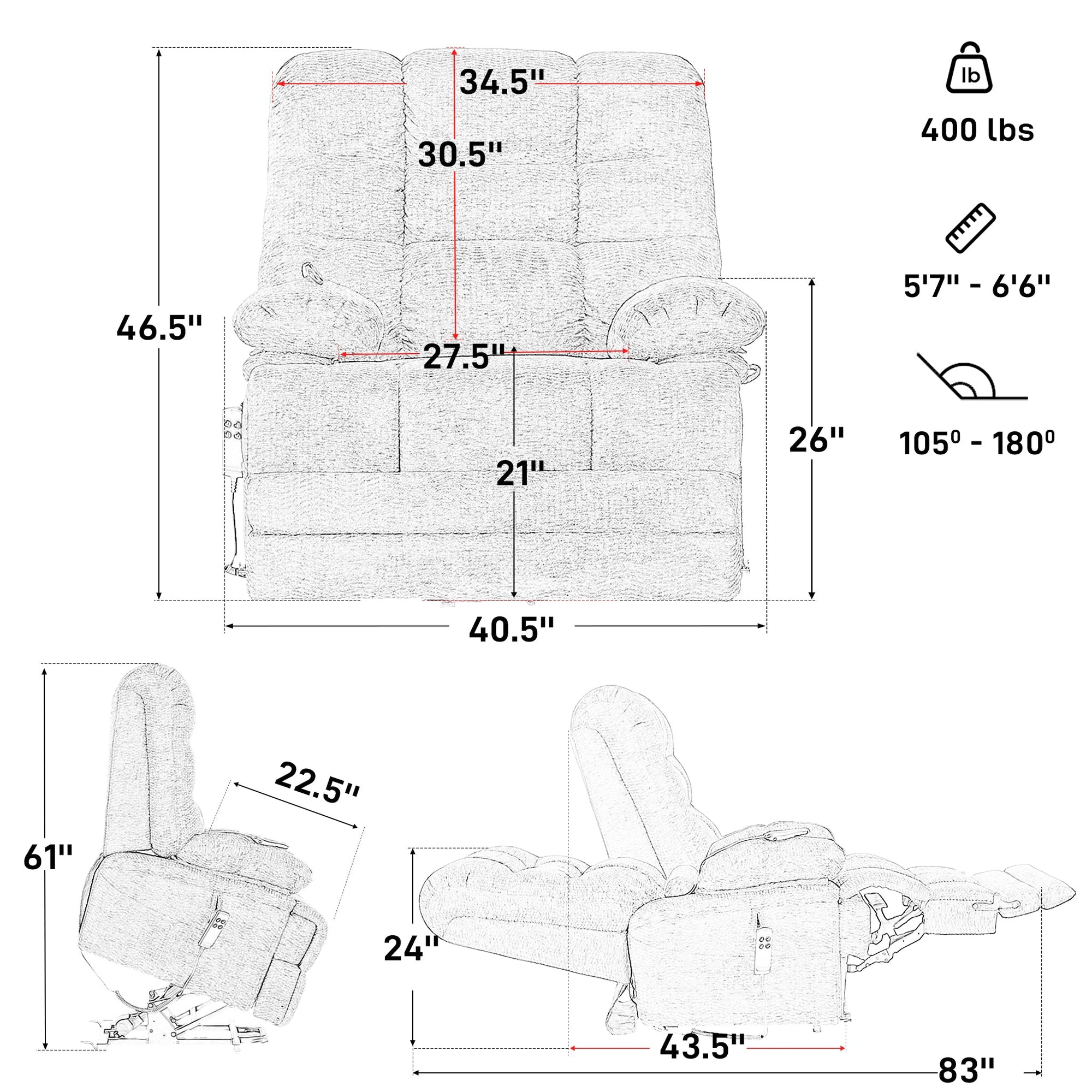 Irene House 9205L dimensions — 400 lb capacity, for users 5'7" to 6'6", 40.5 inch overall width, 27.5 inch seat width, 83 inch reclined length, 105 to 180 degree recline
