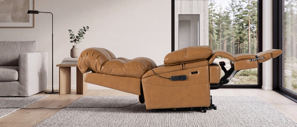 Irene House 9205L Pro reclined fully flat in a bright living room, side view showing the full 83 inch length