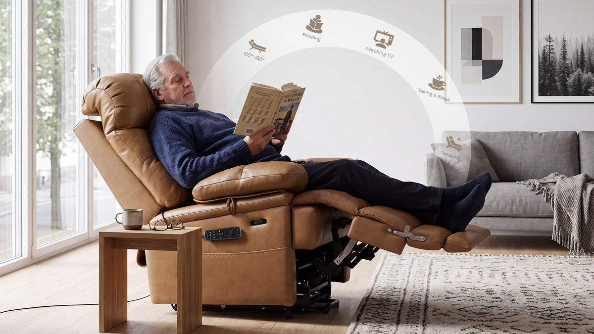 Irene House 9205L Pro reclining through its 105 to 180 degree range for reading, TV and resting