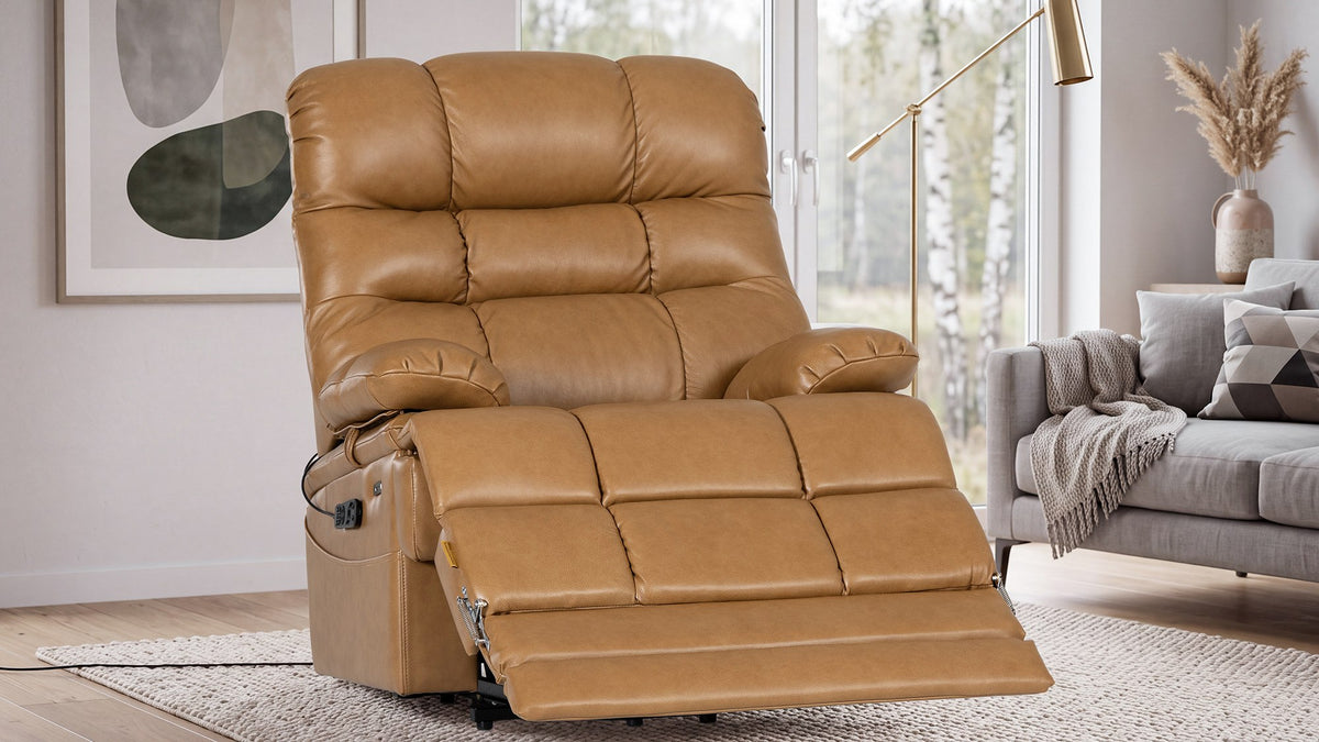 Irene House 9205L Pro in top grain yellow brown leather in a sunlit living room with the footrest extended