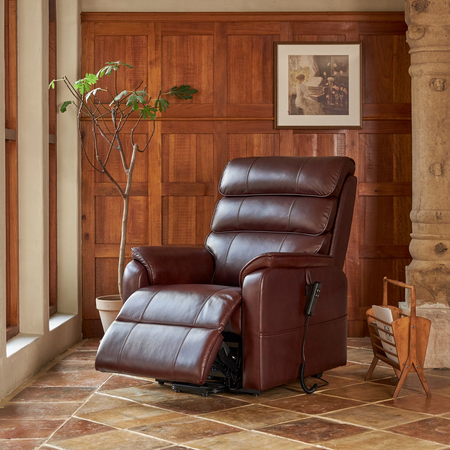 9188 Lay Flat Recliner Lift Chair With Heat And Massage(Medium, Real Leather Red Brown)