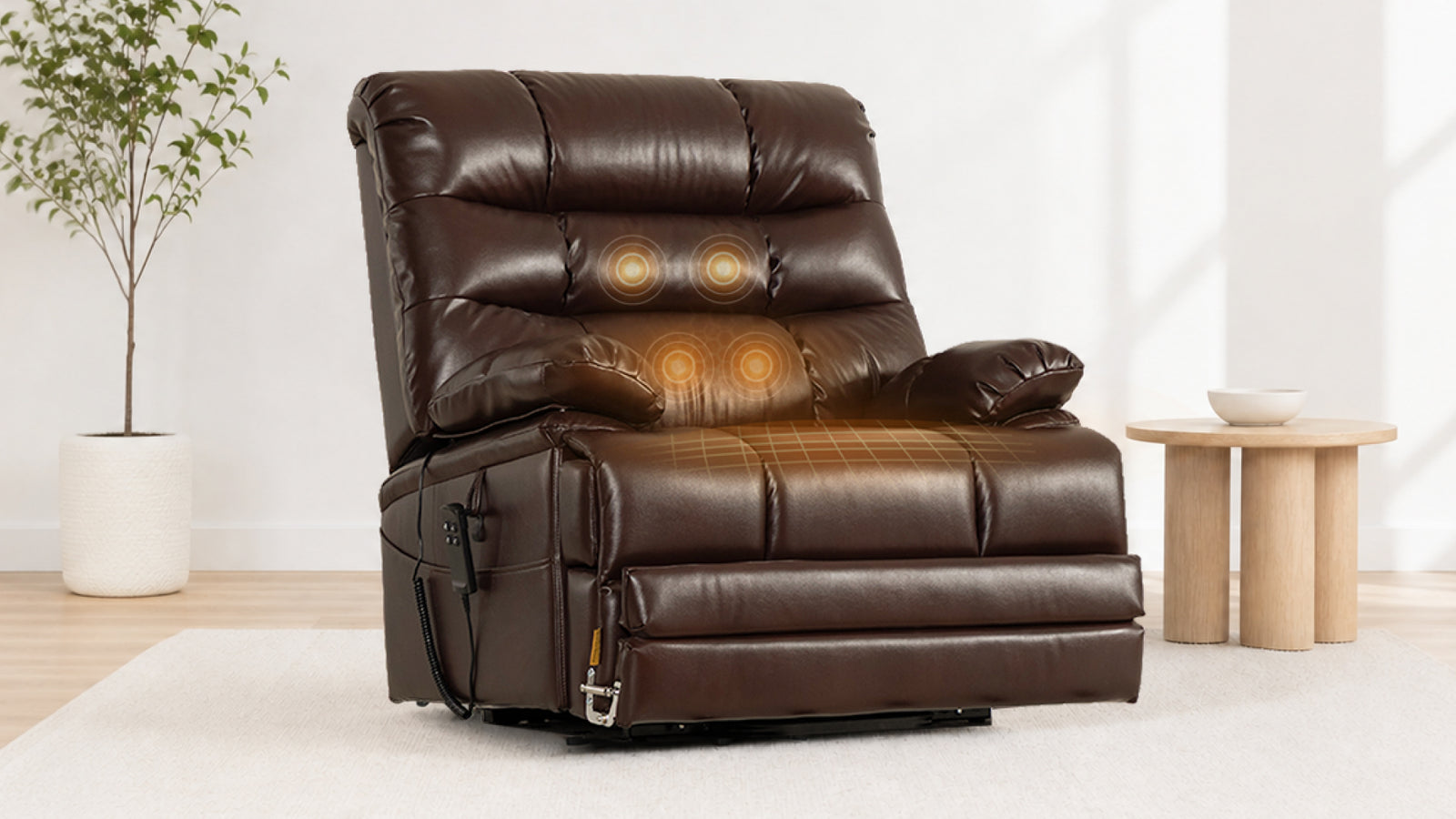 Irene House 9205 EWT500 heavy duty lift recliner in dark brown, showing four vibration massage nodes on the back and the lumbar heat zone