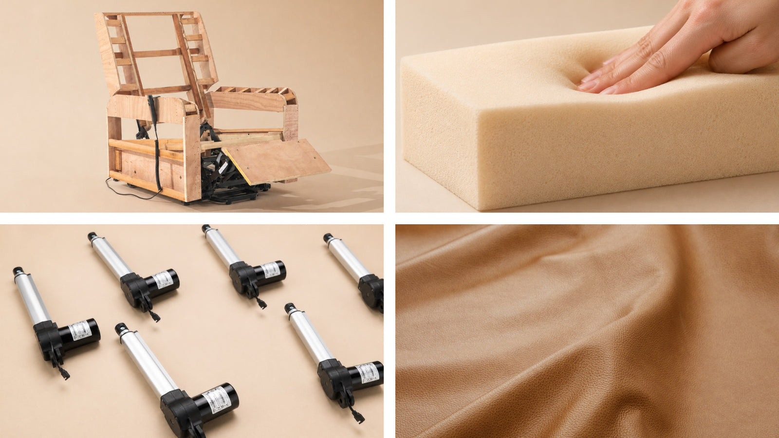 Inside the Irene House 9188 Pro lift recliner: hardwood frame with lift mechanism, high-resilience foam, lift actuator motors and top grain leather upholstery