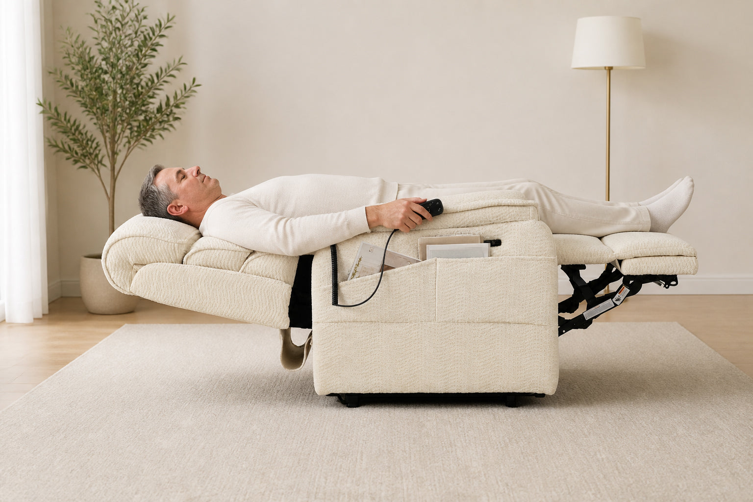 Man lying fully flat at 180 degrees in the Irene House 9188 Pro cream white chenille lift recliner, remote in hand and magazines in the raised side pockets