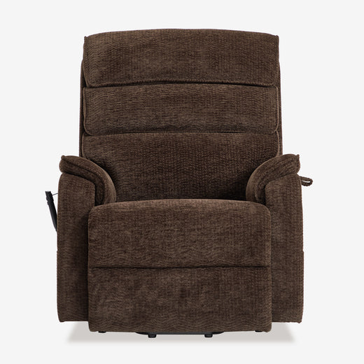 Irene House 9188E dark brown chenille wide power lift recliner shown upright from the front