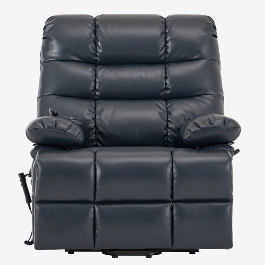 Irene House 9205 blue breathable leather wide seat power lift recliner shown upright from the front