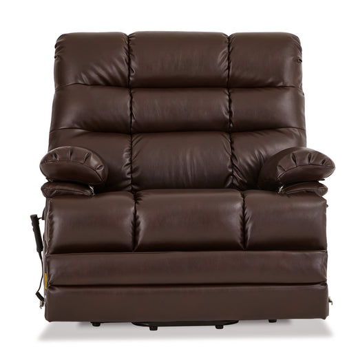 Irene House 9205 EWT500 brown breathable leather big and tall power lift recliner shown upright from the front