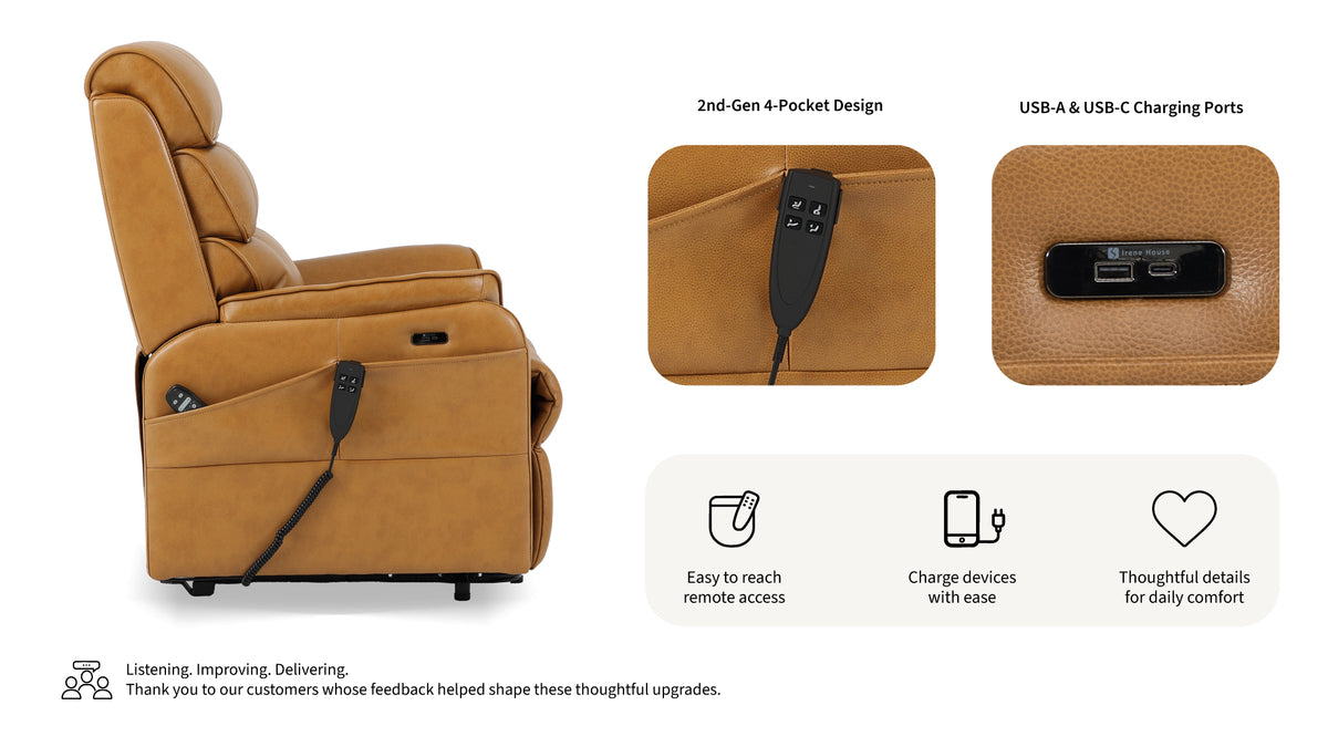 Irene House 9188 second generation design — four higher side pockets and USB-A and USB-C charging ports on the brown leather chair