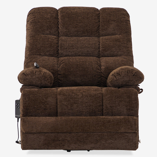 Irene House 9205L dark brown chenille big and tall power lift recliner shown upright from the front