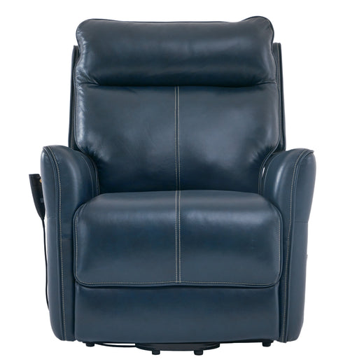 Irene House 9219 dark blue top grain leather zero gravity power lift recliner shown upright from the front