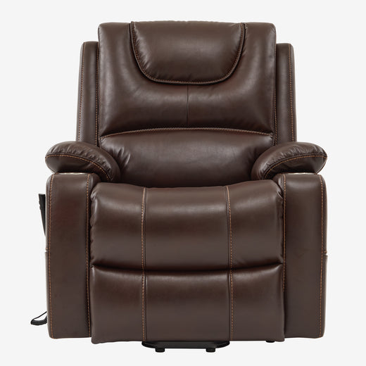 Irene House 9196 brown breathable leather power lift recliner with built-in cup holders, shown upright from the front