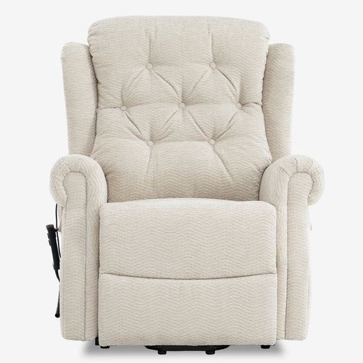 Irene House 9199 cream beige chenille button-tufted wingback power lift recliner shown upright at a three-quarter angle