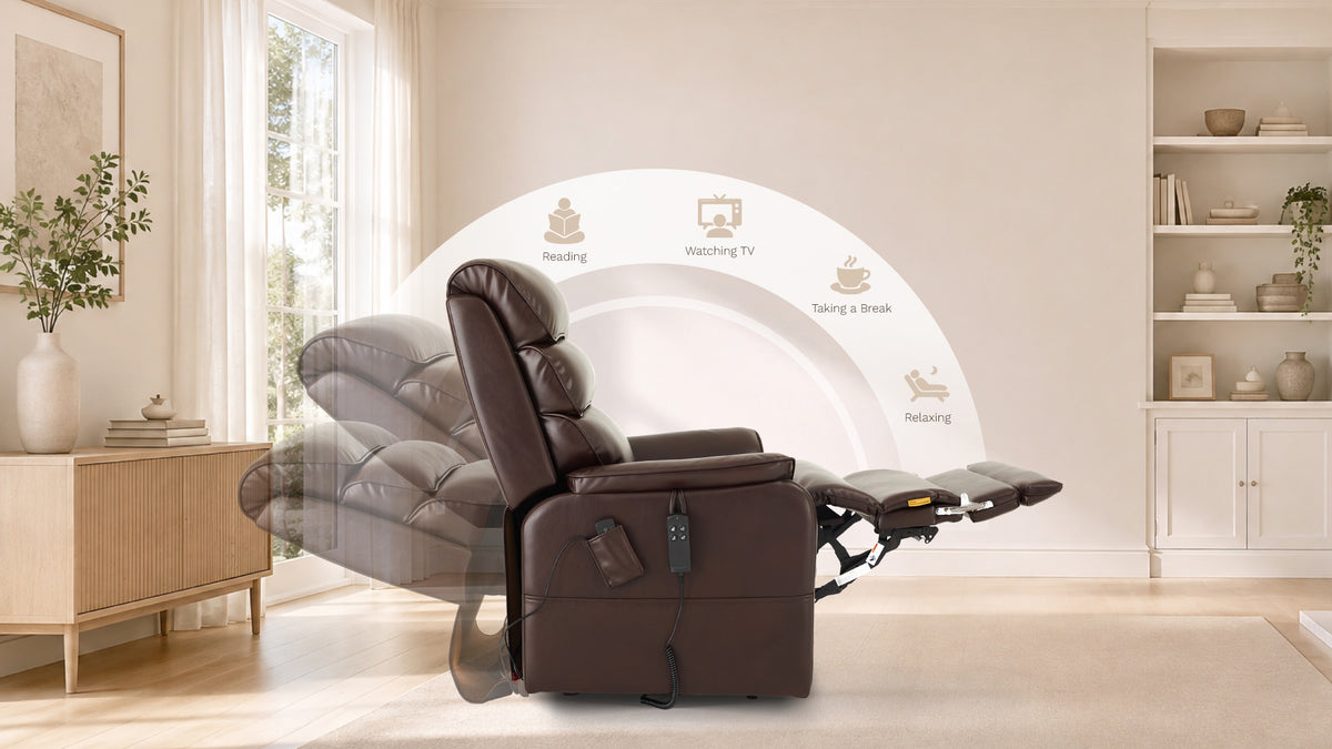 Man lying back under a blanket in the Irene House 9188 EWT500 500 lb lift recliner reclined to 165 degrees, legs fully supported to the heel