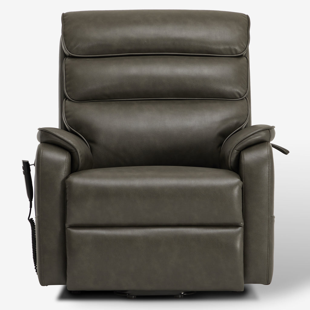 Irene House 9188E gray breathable leather wide power lift recliner shown upright from the front