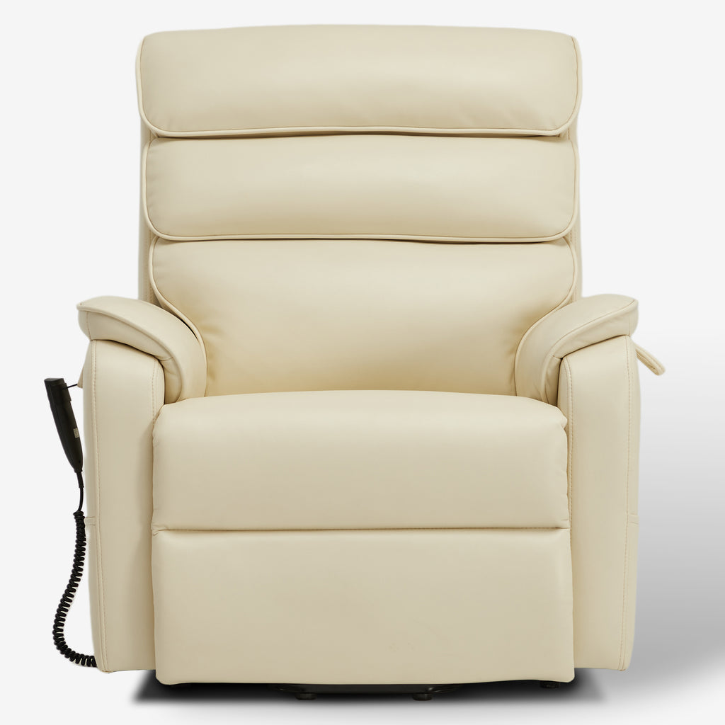 Irene House 9188E cream white breathable leather wide power lift recliner shown upright from the front