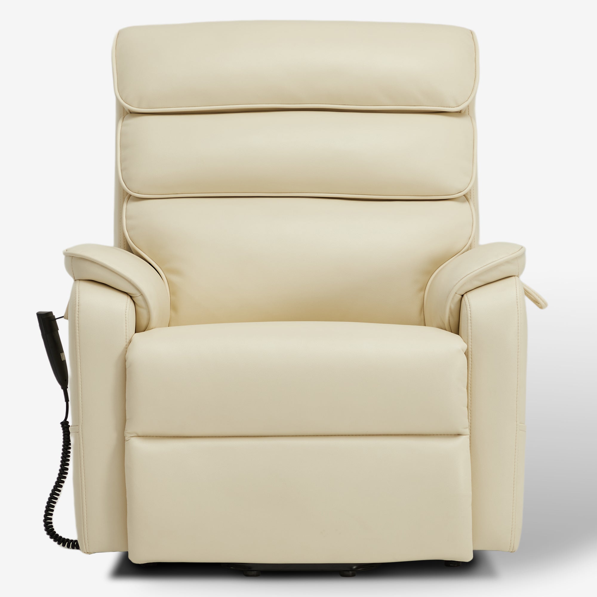 Irene House 9188E cream white breathable leather wide power lift recliner shown upright from the front