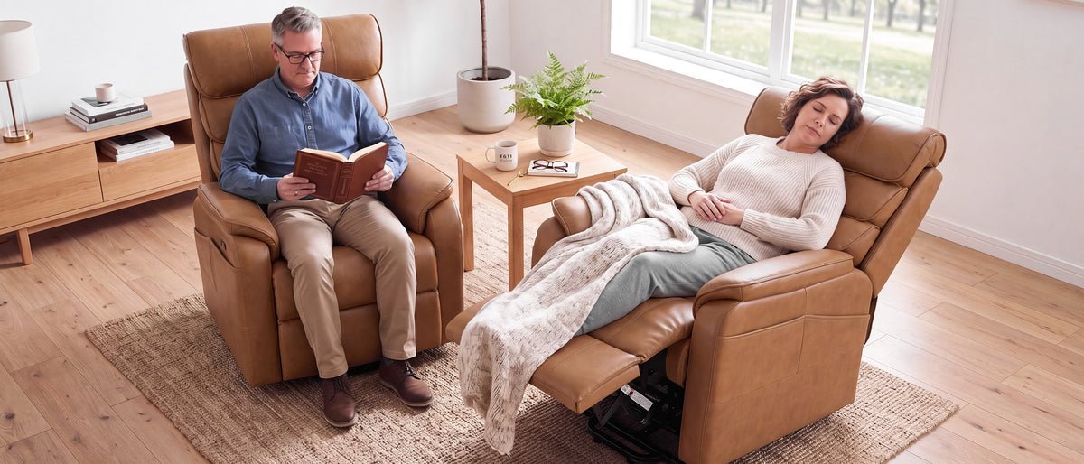 Irene House 9188 Pro triple motor power lift recliner in cream white chenille with footrest raised, three-quarter front view