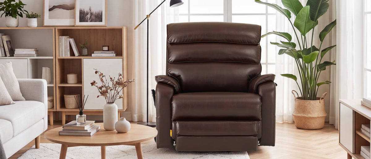 A couple sitting together in one Irene House 9188 EWT500 heavy duty lift recliner in dark brown chenille, showing the extra-wide 30.5 inch seat
