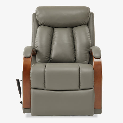 Irene House 9185 gray breathable leather power lift recliner with solid wood arms, shown upright from the front