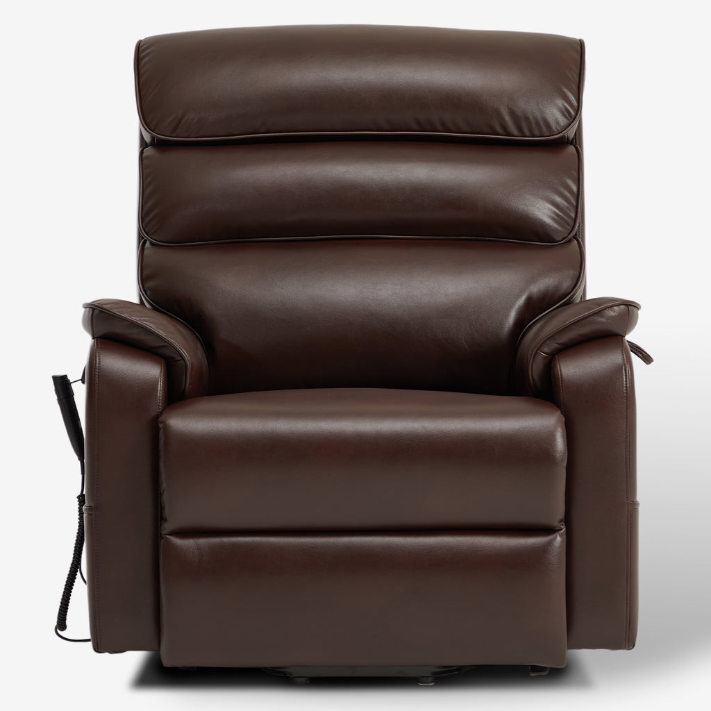 Irene House 9188E brown breathable leather wide power lift recliner shown upright from the front