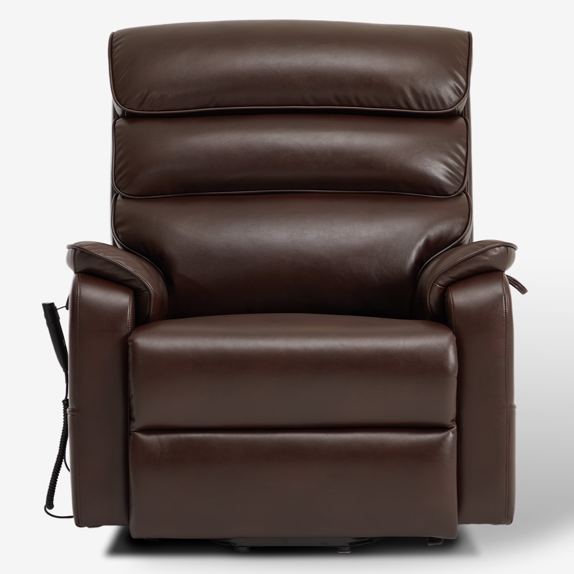 Irene House 9188E brown breathable leather wide power lift recliner shown upright from the front