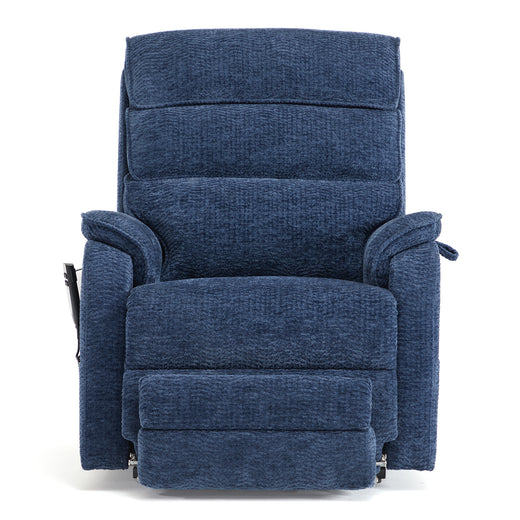 Irene House 9188T blue chenille tall power lift recliner shown upright from the front