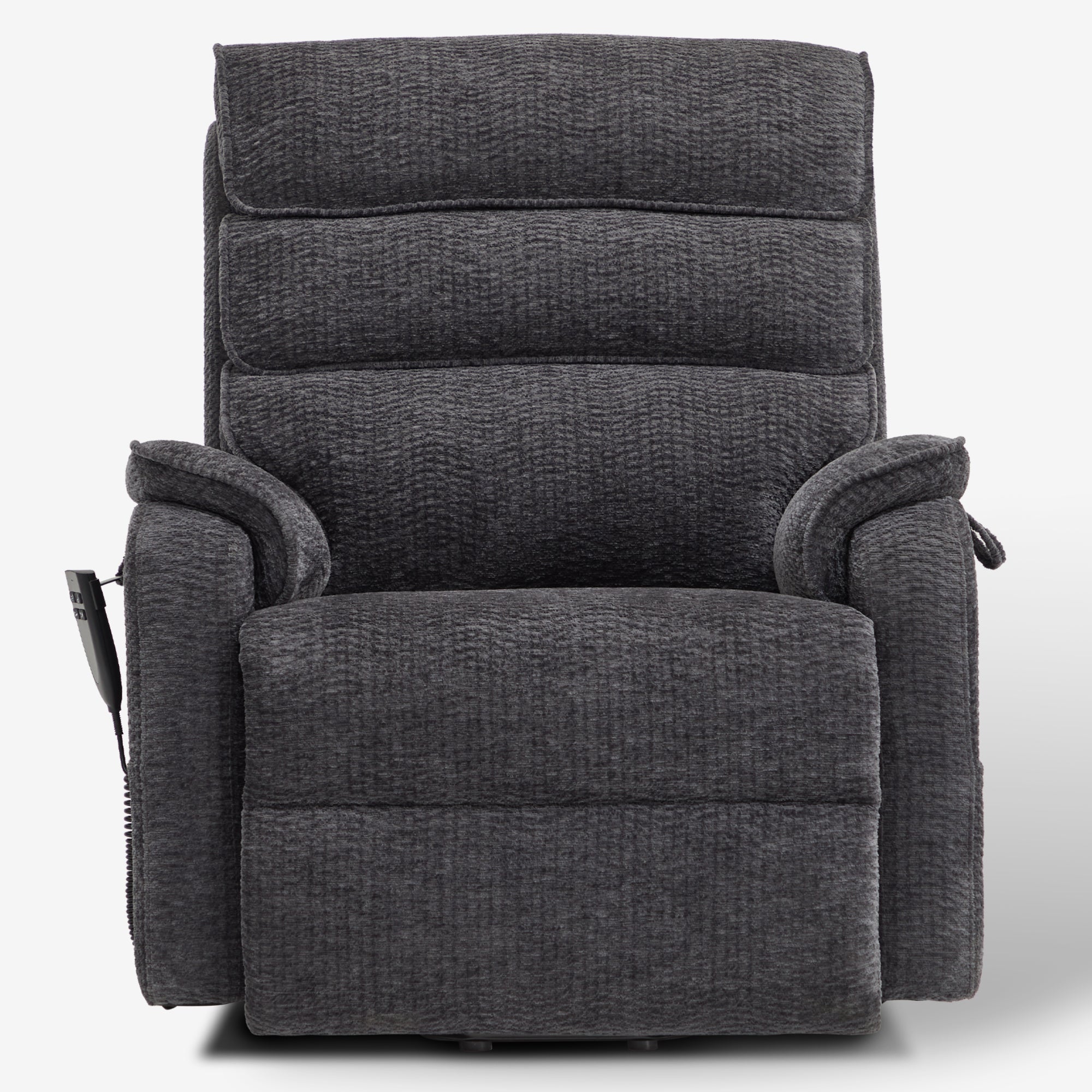 Irene House 9188E dark gray chenille wide power lift recliner shown upright from the front