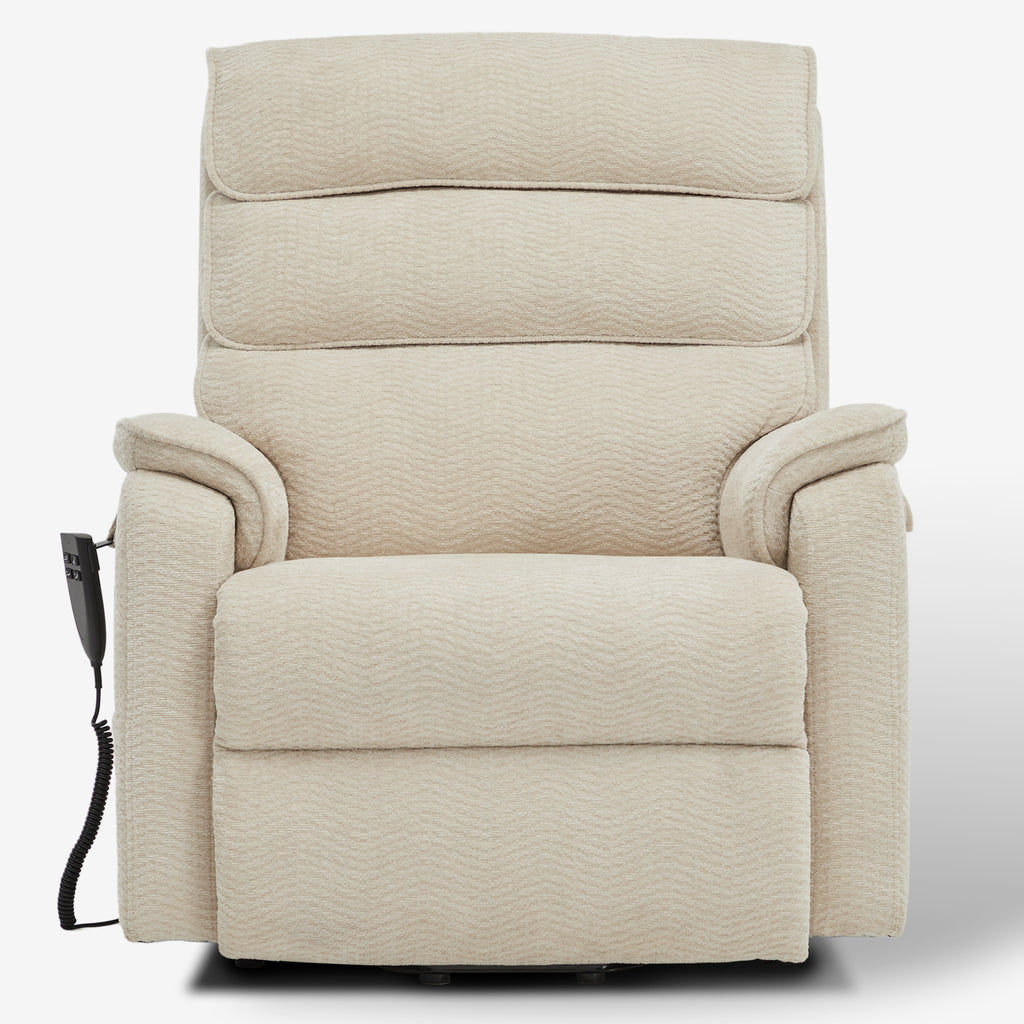 Irene House 9188E beige chenille wide power lift recliner shown upright from the front