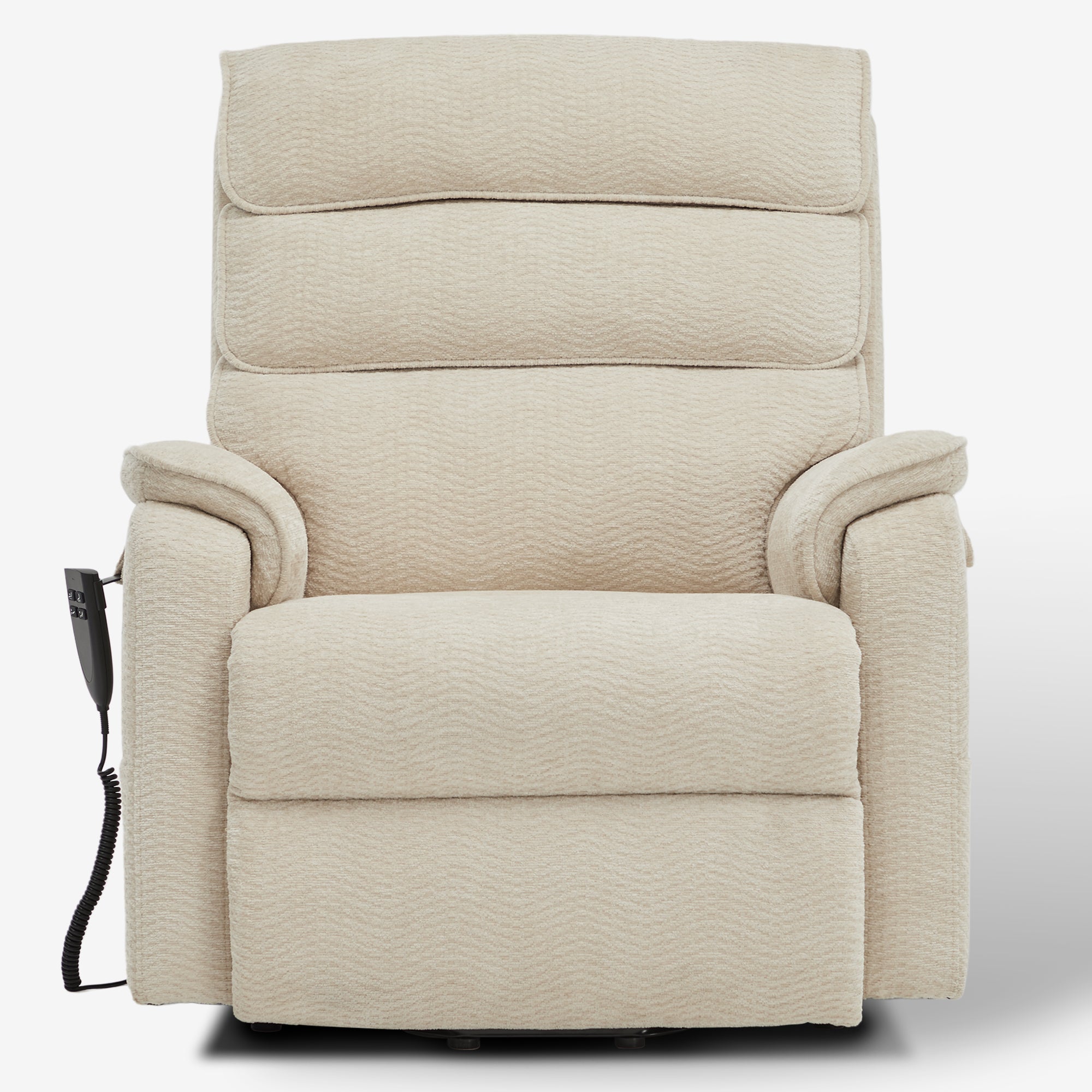 Irene House 9188E beige chenille wide power lift recliner shown upright from the front