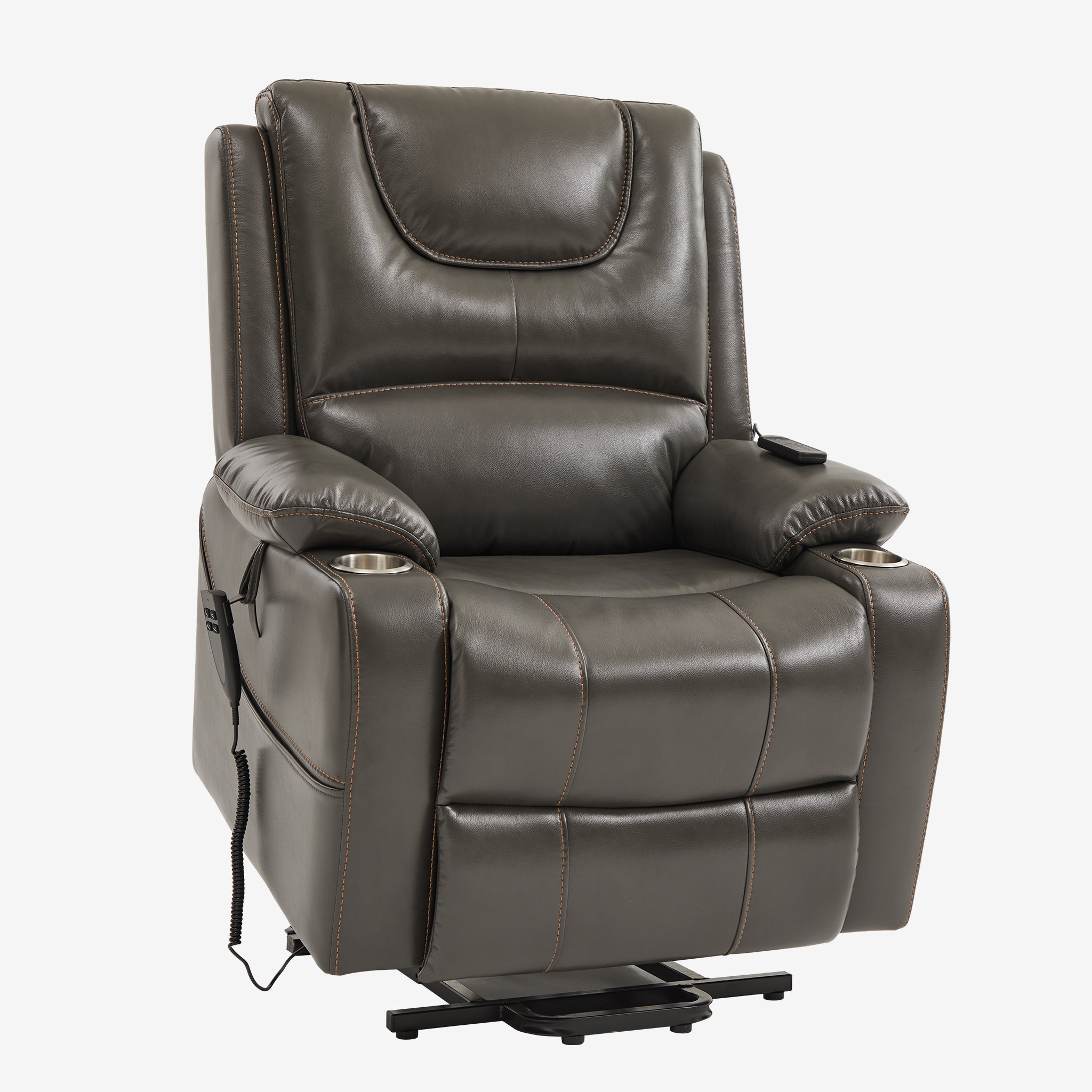9196 Power Lift Lay Flat Recliner With Heat Massage And Cup Holder(Large,  Faux Leather Gray)
