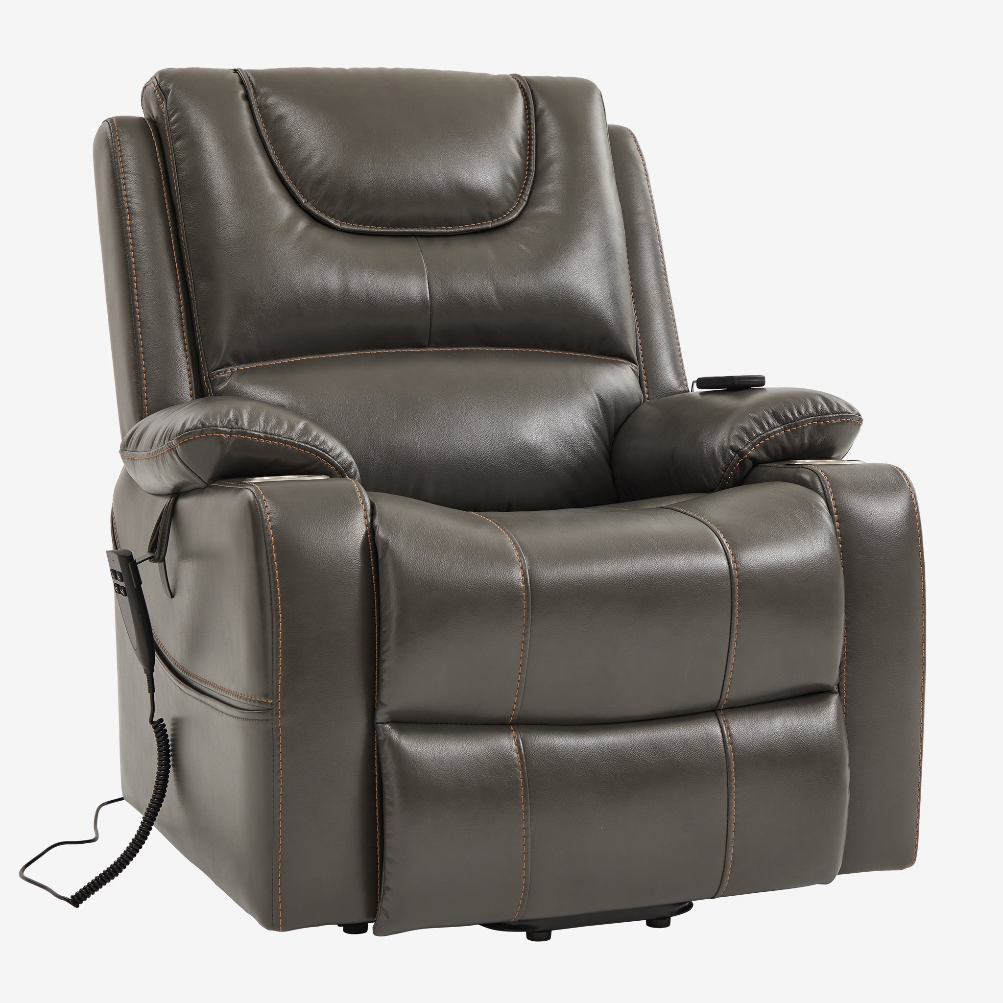 9196 Power Lift Lay Flat Recliner With Heat Massage And Cup Holder(Large,  Faux Leather Gray)