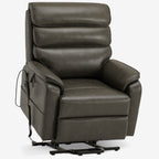 Irene House 9188E gray breathable leather lift recliner standing upright, seen at a three-quarter angle