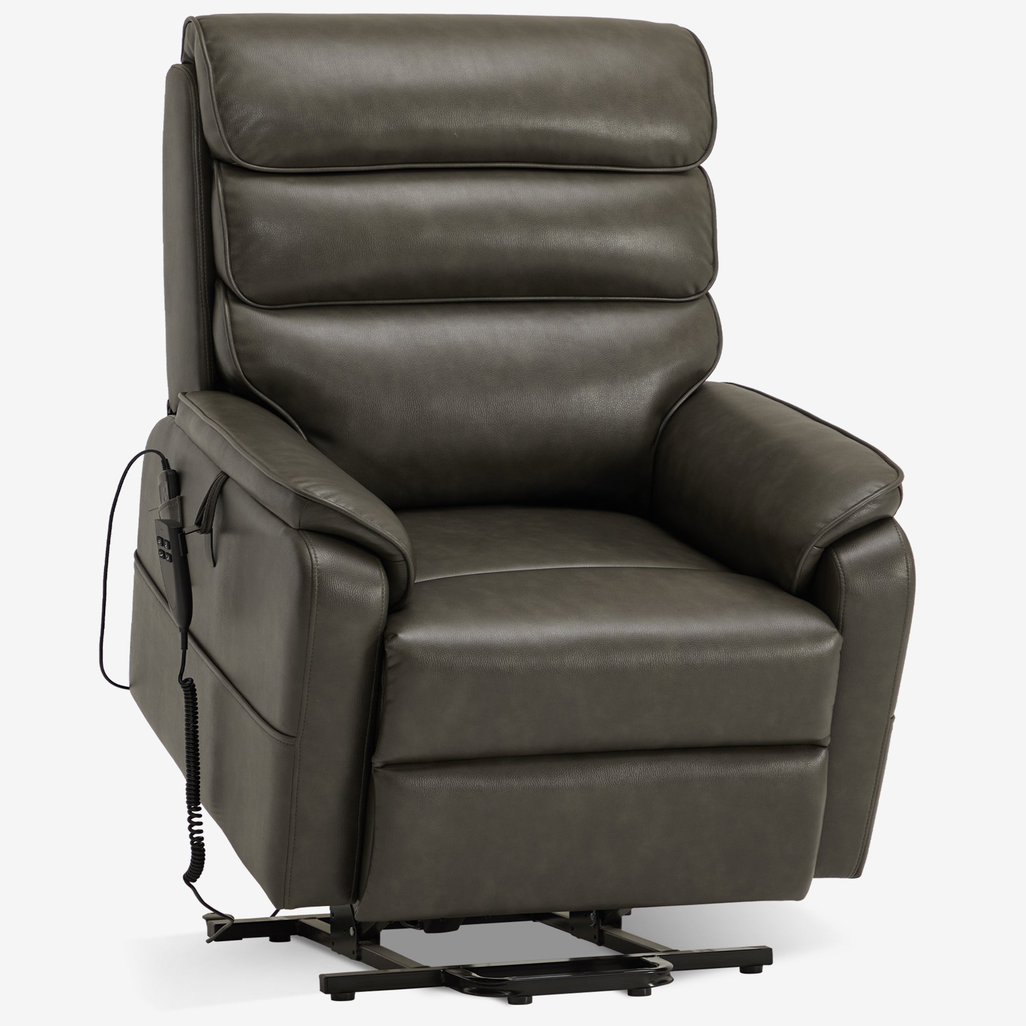 Irene House 9188E gray breathable leather lift recliner standing upright, seen at a three-quarter angle