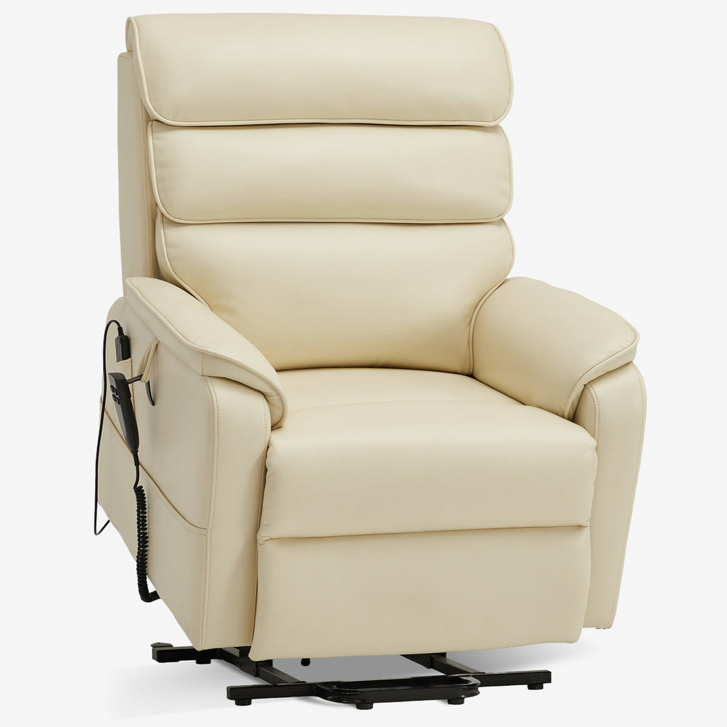 Irene House 9188E cream white breathable leather lift chair raised into the power lift position that helps you stand up, seen at a three-quarter angle