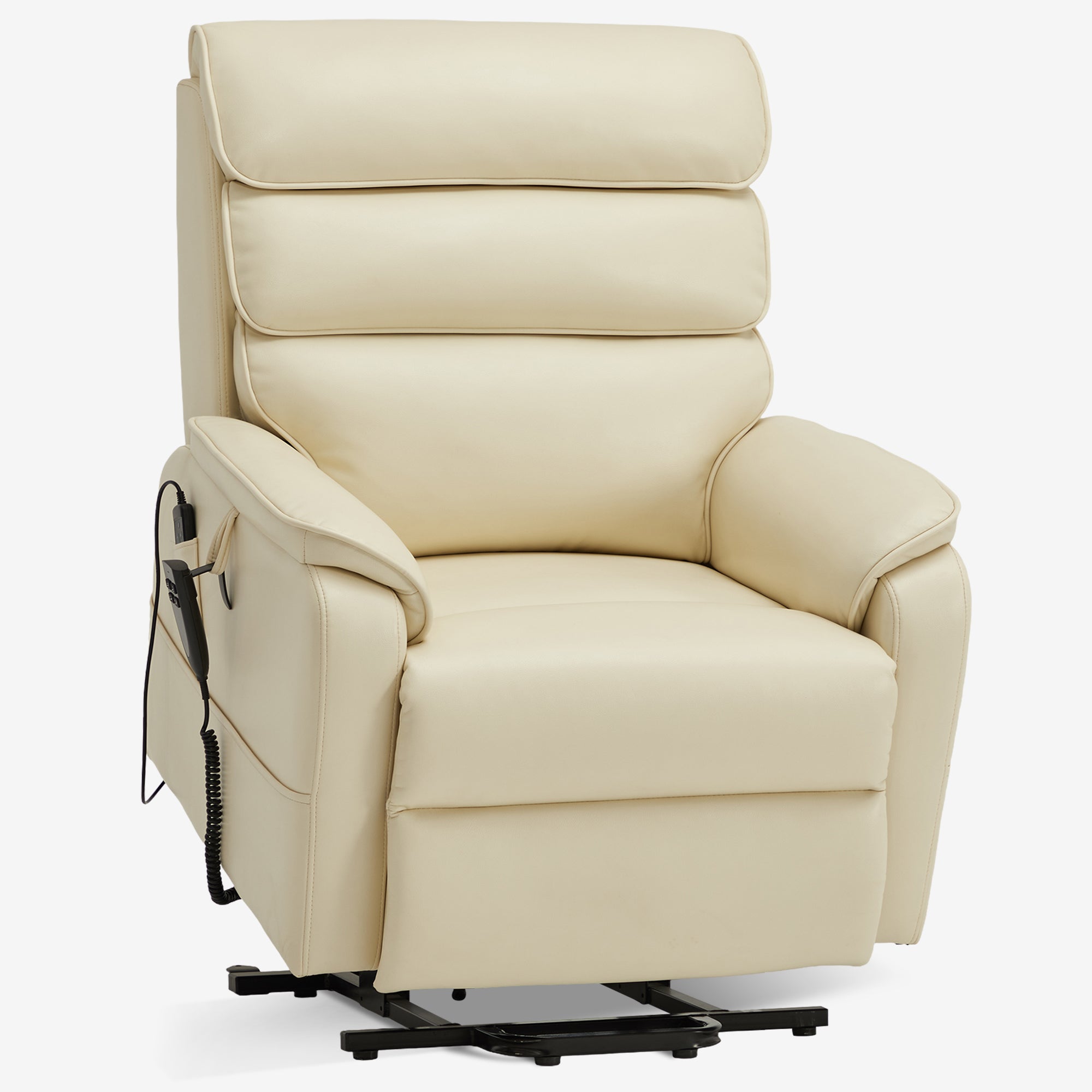 Irene House 9188E cream white breathable leather lift chair raised into the power lift position that helps you stand up, seen at a three-quarter angle