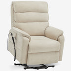 Irene House 9188E beige chenille lift chair raised into the power lift position that helps you stand up, seen at a three-quarter angle