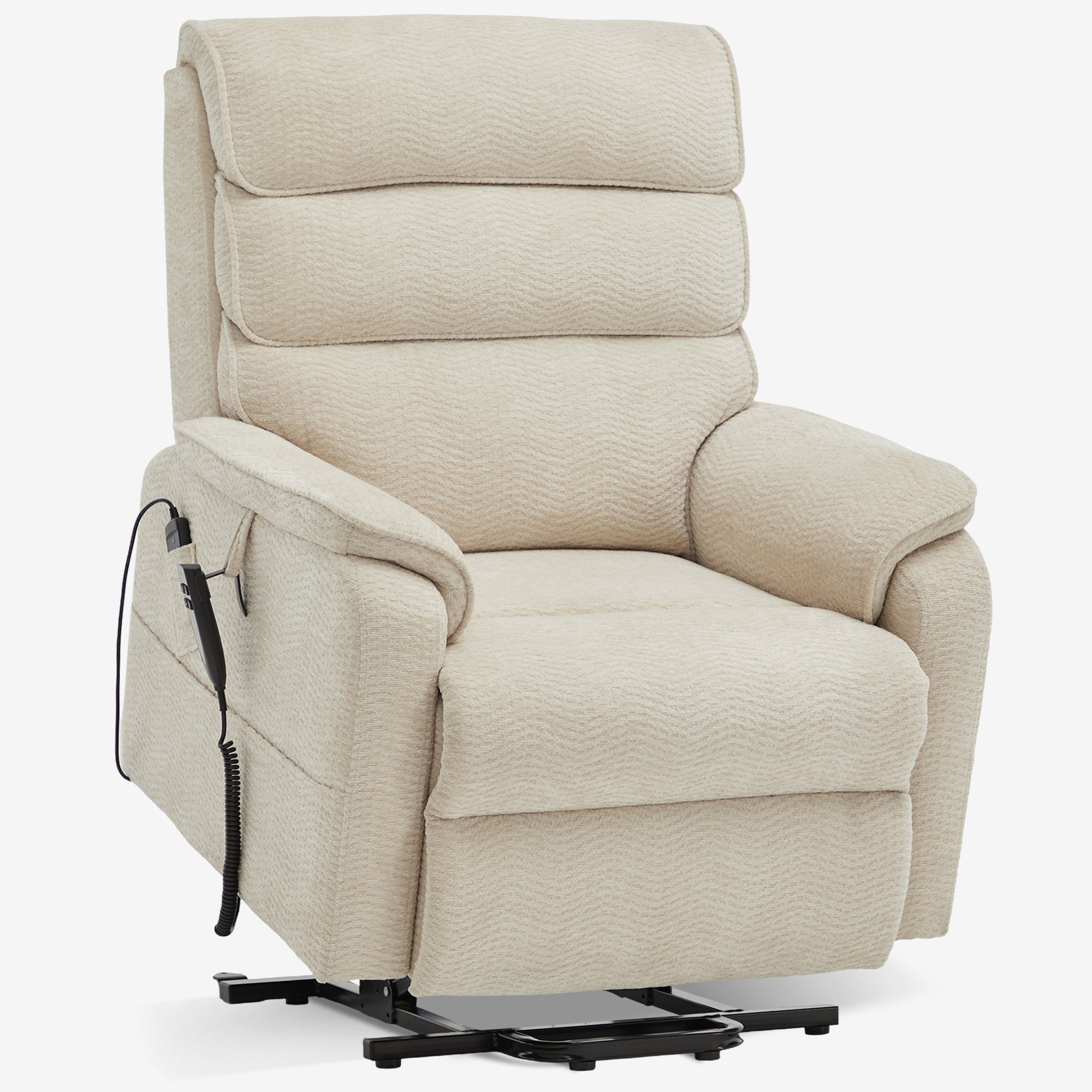 Irene House 9188E beige chenille lift chair raised into the power lift position that helps you stand up, seen at a three-quarter angle