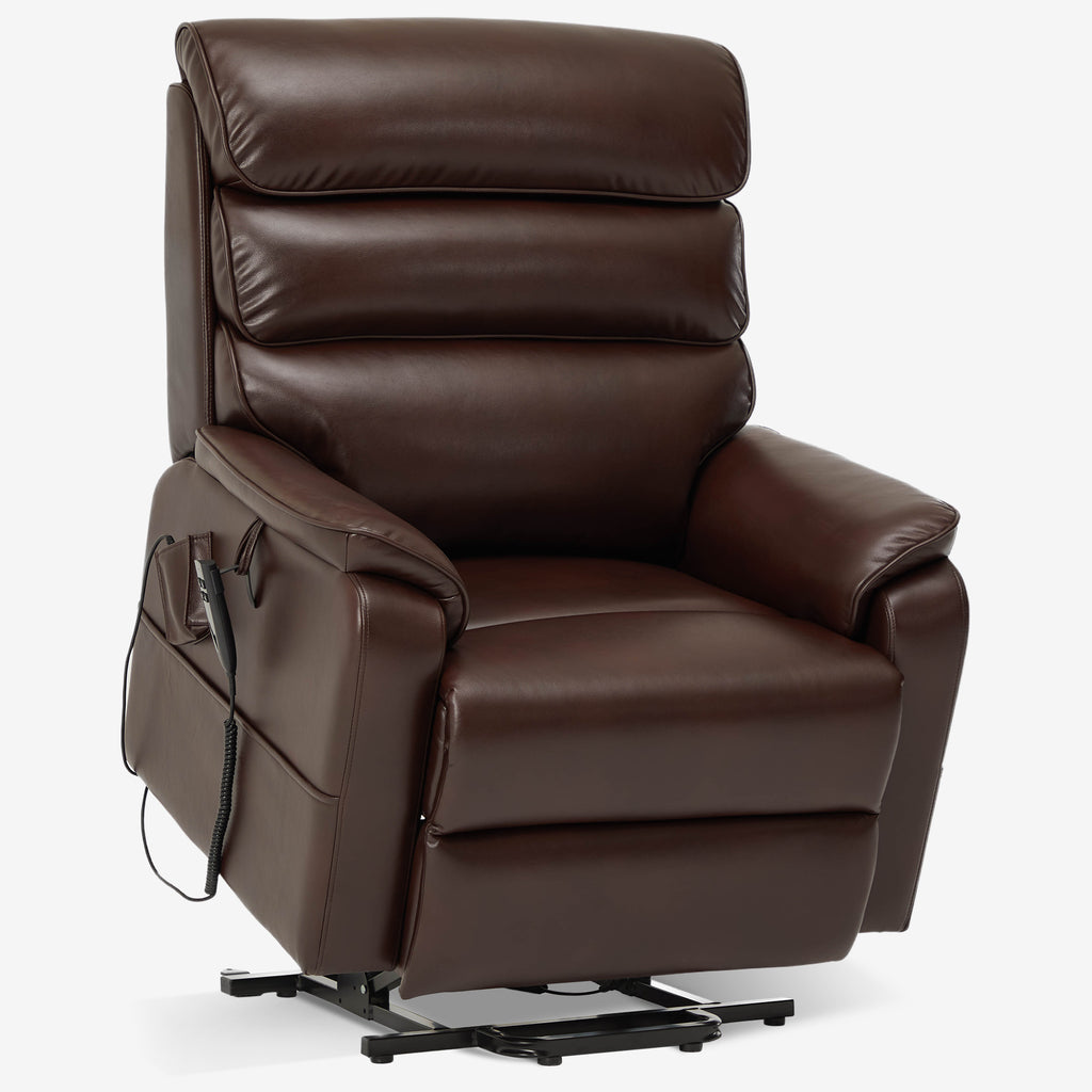 Irene House 9188E brown breathable leather lift chair raised into the power lift position that helps you stand up, seen at a three-quarter angle