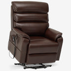 Irene House 9188E brown breathable leather lift chair raised into the power lift position that helps you stand up, seen at a three-quarter angle