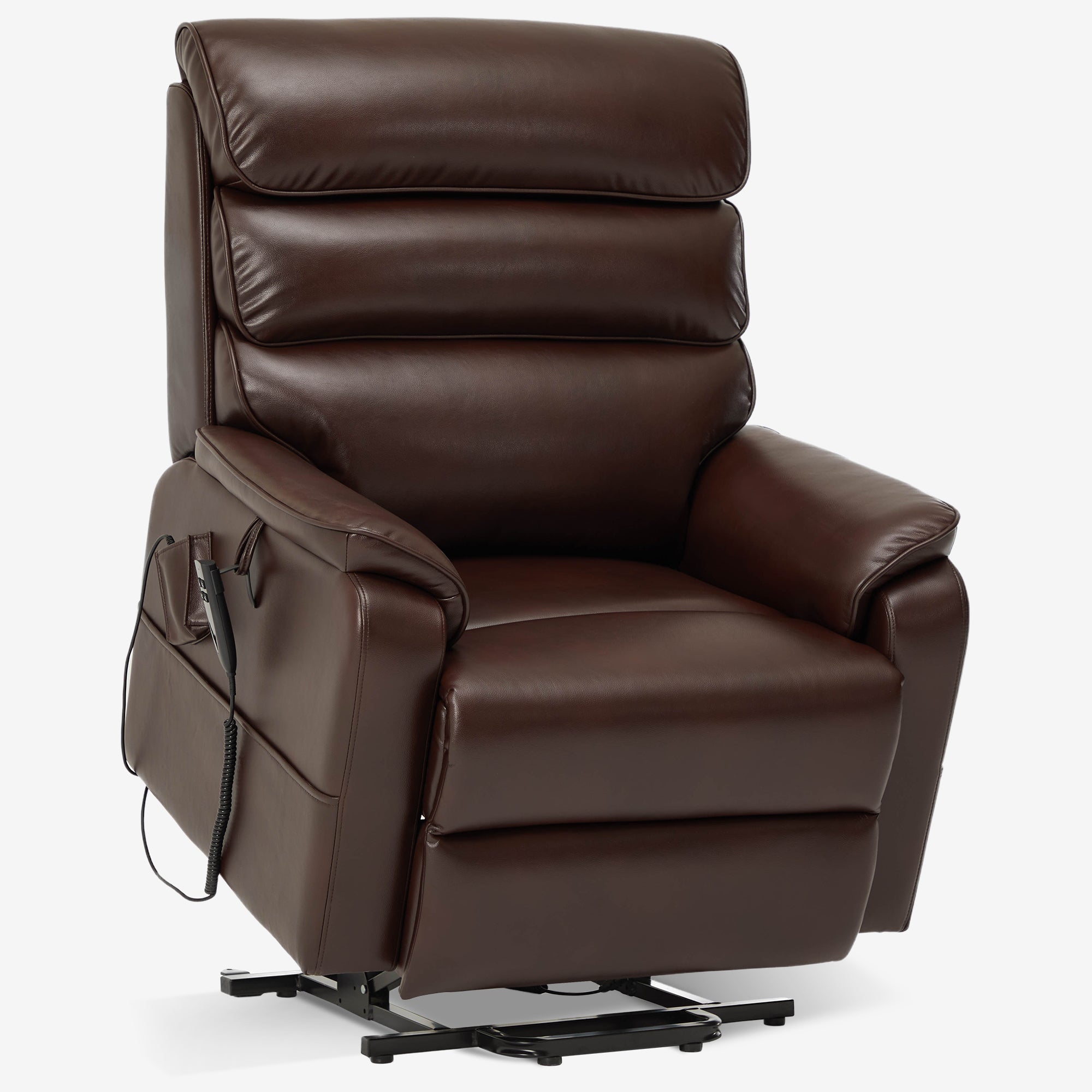 Irene House 9188E brown breathable leather lift chair raised into the power lift position that helps you stand up, seen at a three-quarter angle