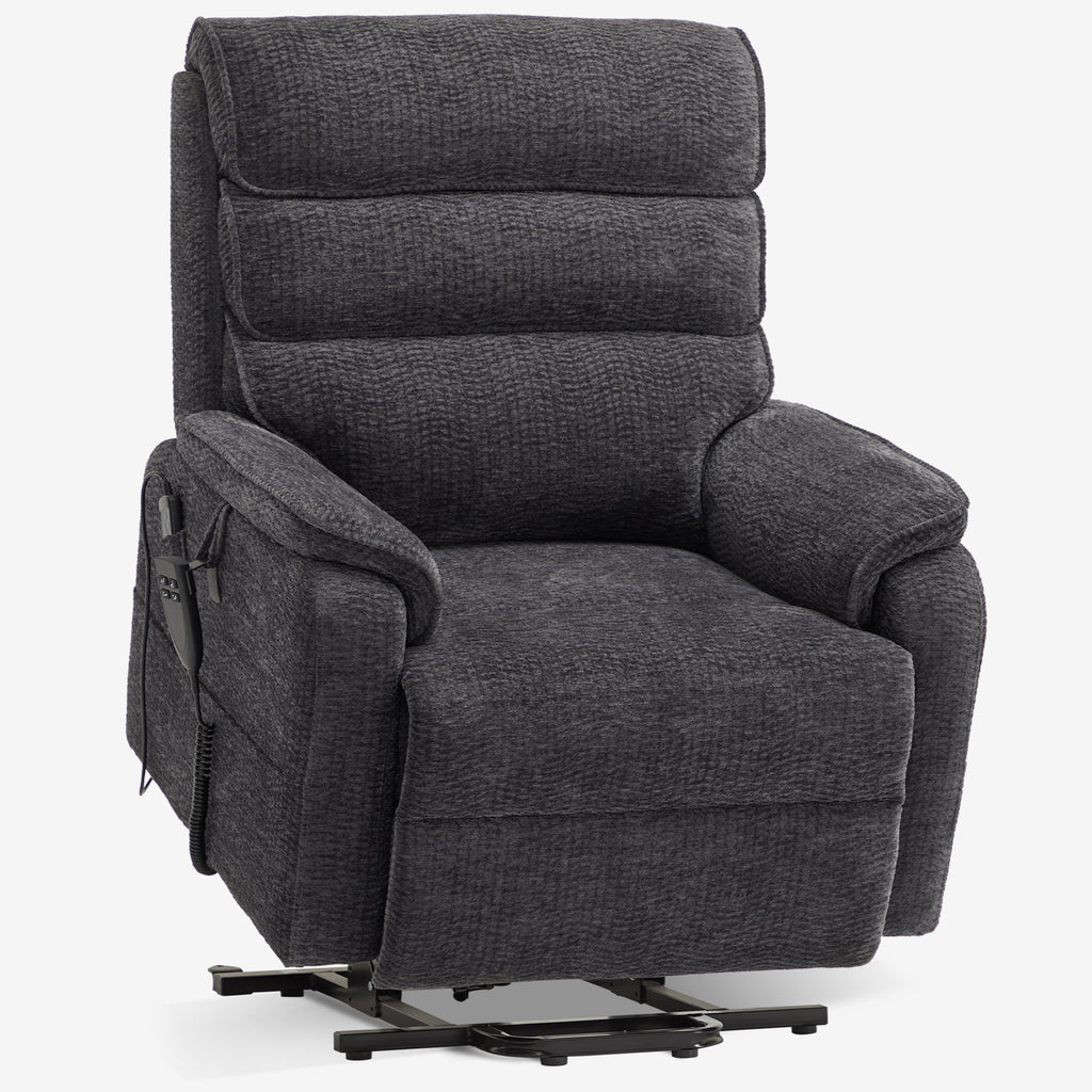 Irene House 9188E dark gray chenille lift chair raised into the power lift position that helps you stand up, seen at a three-quarter angle
